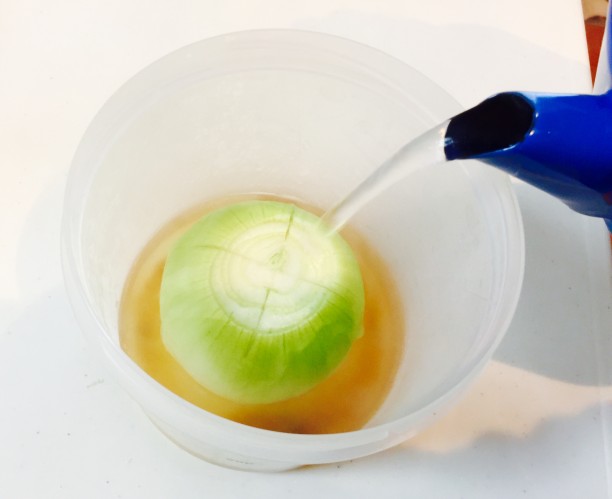 コンソメとお湯を注ぐ