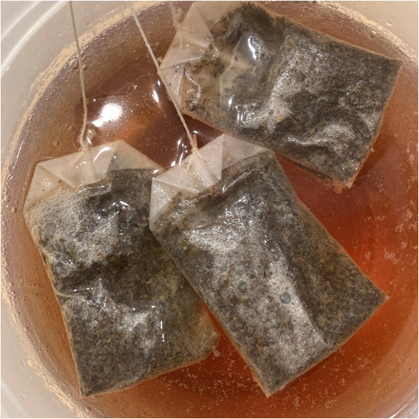 レンジ消毒したヨーグルティアの内容器にティーバックを入れて熱湯を注ぎます。